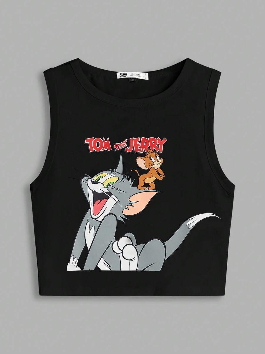 TOM & JERRY X SHEIN Plus Size Cartoon Printed Tank Top For Summer Suitable For Going Out - Black - View 1