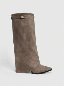 Daringsoles Giày bốt cao cổ mũi nhọn, đế dày, chất liệu da lộn, có tua rua, dáng ôm, dành cho nữ - Màu Xám nhạt - Xem 6