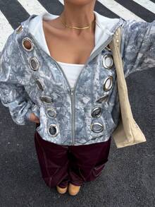 Muchica Printed Knit Hooded Women's Metal Eyelet Zip-Up Long Sleeve Sweatshirt - Multicolor - View 6