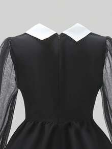 SHEIN Women's Vintage Style White Collar Back Open Water Drop Button Front Panel Mesh Decor Sleeve Short Dress - Black - View 4