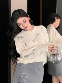 DAZY 女士宽松花卉亮片装饰圆领长袖休闲优雅针织毛衣，秋冬嘉年华 - 米色 - 查看 5