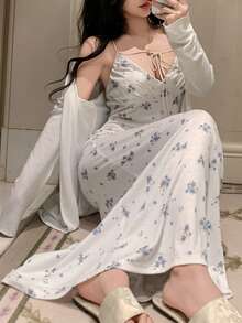 碎花吊带长裙和纯色针织睡袍女士睡衣套装，秋冬服装 - 白色 - 查看 5