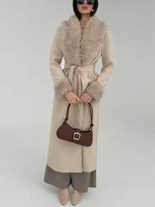 Aloruh Damen eleganter Mantel mit Kunstfellbesatz an Ärmeln und Kragen, Herbst/Winter - Khaki - Übersicht 6