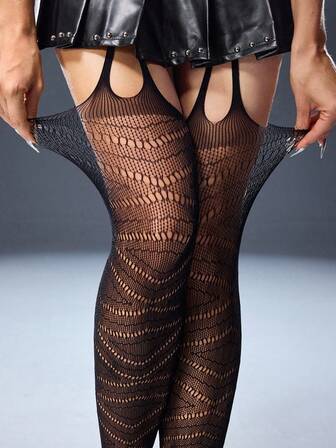 Grunge Punk 1 par de calcetines de suspensor de malla de color negro sólido y sexy para chicas, medias con patrón geométrico Y2K, calcetines de malla elástica ultra finos y permeables