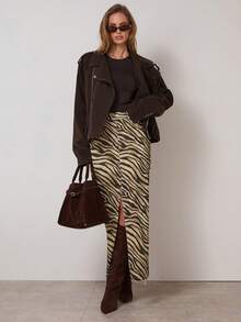 COSMINA 女士高腰斑马纹开衩长款牛仔裙 - 彩色 - 查看 2