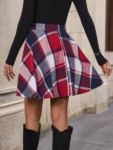 SHEIN LUNE 女士高腰格子印花休闲百搭半身裙 - 紅色 - 查看 2