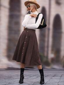 SHEIN LUNE 纯色纽扣装饰休闲高腰时尚半身裙 - 咖啡棕 - 查看 3