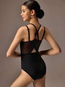SHEIN 少女黑色芭蕾舞紧身衣，交叉绑带设计，高弹网眼面料，适合学校演出、芭蕾舞表演和舞蹈比赛。