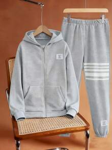 Vacaura Set de 2 piezas de ropa deportiva casual para niños preadolescentes: chaqueta con capucha con cremallera y pantalones con cordón para primavera/otoño - Gris - Ver 3