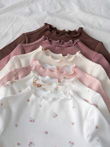 Loomiva 6pcs Baby Girl Floral Print Soft Knit Crew Neck Long Sleeve Ruffle Hem Tops Set - Multicolor - View 4