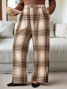 Flirla Plus Size Women Elegant Khaki Plaid Slant Pocket Straight Leg Pants, Autumn/Winter Plaid Pants Pattern Pants Western Pants Checkered Pants - Khaki - View 5