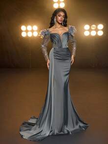 Glamrae Váy maxi đuôi cá dài tay bằng vải satin co giãn, đính cườm và sequin sang trọng, xẻ tà bên hông, thích hợp cho đám cưới, tiệc tùng, vũ hội, kỳ nghỉ, những dịp trang trọng (được tô điểm nhiều) - xanh quân đội - Xem 4