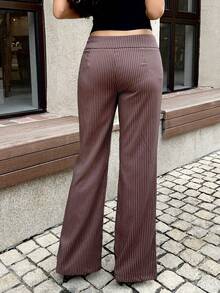 Sunnyshic Quần ống loe cạp thấp kẻ sọc màu nâu dành cho nữ, đa năng, phù hợp cho công sở, thời trang thường ngày và đi làm. - Cà phê nâu - Xem 2