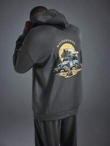 Driftmere 男士户外风景艺术森林露营元素印花长袖休闲抓绒连帽衫，秋冬季，户外图案 - 深灰色 - 查看 1