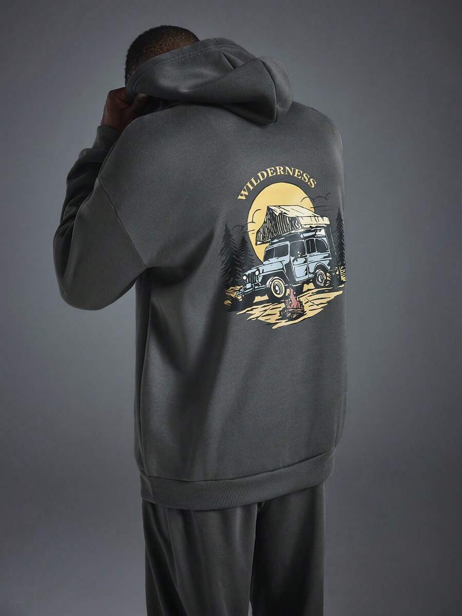 Driftmere 男士户外风景艺术森林露营元素印花长袖休闲抓绒连帽衫，秋冬季，户外图案 - 深灰色 - 查看 1