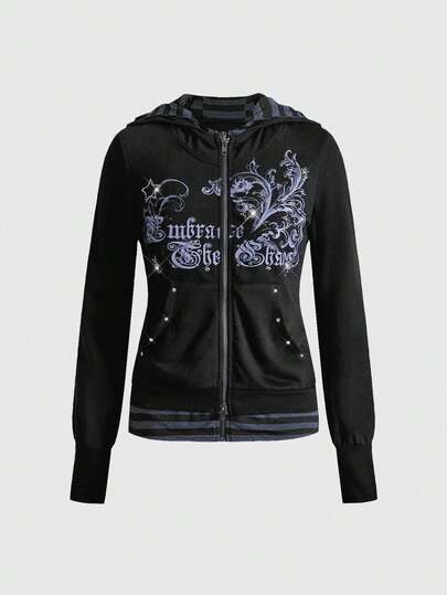 ROMWE Grunge Punk Dark Style Loose Vintage Floral Print Rhinestone Embellished Sweatshirt Sweatshirt For Women