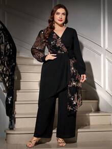 Gownix Bộ 2 món tay áo đèn lồng quấn quanh bằng lưới lấp lánh cỡ lớn - màu đen - Xem 7