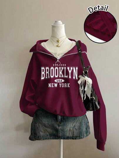 Attitoon 复古美式校园风休闲宽松半拉链立领抓绒卫衣，男女皆宜，适合秋冬季、圣诞节和新年派对穿着