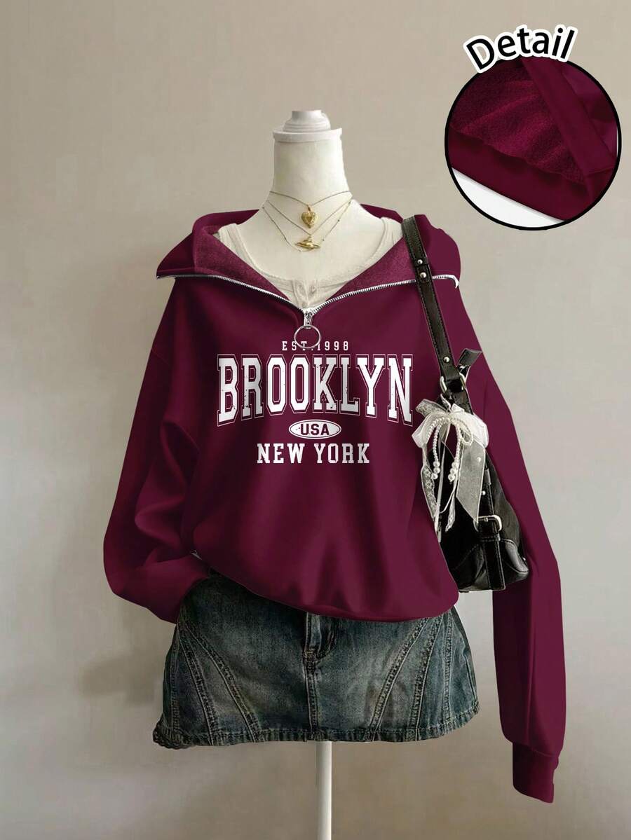 Attitoon 复古美式校园风休闲宽松半拉链立领抓绒卫衣，男女皆宜，适合秋冬季、圣诞节和新年派对穿着