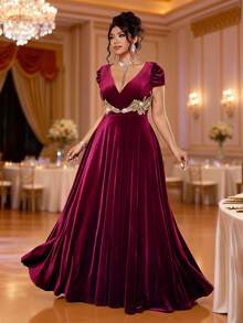 Cravure Váy dự tiệc nhung cỡ lớn cho nữ, cổ chữ V, viền xếp nếp sequin, váy dự tiệc cao cấp sang trọng - Màu Đỏ Sâu - Xem 7