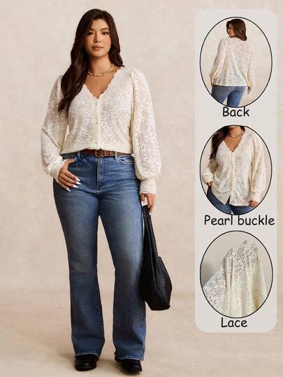 Nubod Blusa elegante y romántica de mujer con mangas de linterna de encaje, nueva llegada