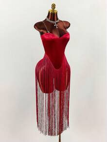 Amplova Váy dự tiệc hở lưng viền tua rua màu đỏ dành cho nữ - Đỏ - Xem 1