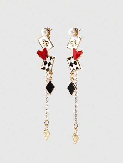 ROMWE Grunge Punk 1pair Unique Contasting Color Poker Card Grid & Heart Shaped Drop Earrings Valentines