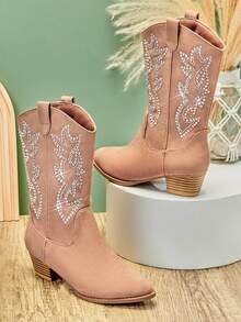 Mini mi #StarryWest Kids' Block Heel Snip Toe Rhinestone Stitch Pu Tan Cowboy Boots– Sparkly Rhinestone Decor & Classic Pull-On Design - Maroon - View 3