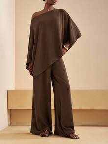 Zivah 2025 New Fall And Winter Women Clothes Casual Commuting Brown Loose One-Shoulder Irregular Top + High Waist Wide-Leg Trousers Women Two Pieces Set, ,Back To School,Country Concert Outfit,Homecoming,Halloween,Christmas,Brunch Outfits For Women,Going Out Outfits , Church Outfits Women,Travel, Shopping-A,Fall,Fall Clothes For Women,Women's Winter Clothes - Coffee Brown - View 4