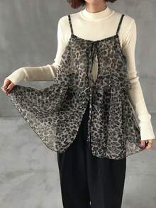 FRIFUL 女士豹纹薄纱吊带系带宽松休闲百搭背心，秋季款 - 棕色 - 查看 4