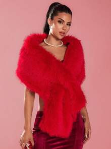 Glamine 时尚派对纯色仿皮草披肩外套，秋冬季 - 紅色 - 查看 5