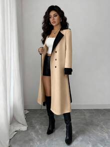 Elenzga 女士撞色领双排扣收腰优雅休闲通勤时尚法式风衣，奶油白杏色，长袖，秋冬款 - 卡其色 - 查看 8