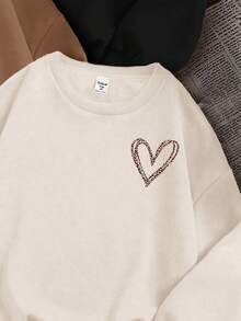 SHEIN Leap Crew 3件套复古奶油白、黑色、卡其色豹纹爱心、豹纹蝴蝶结、字母图案少女休闲宽松圆领舒适长袖卫衣，适合秋冬季穿着 - 彩色 - 查看 4