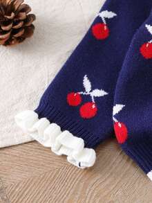 SHEIN 女婴两件套保暖冬装，可爱樱桃图案粉色毛衣搭配松紧腰针织裤，秋冬季两件套女婴保暖套装，秋冬季女婴两件套冬装，秋冬季女婴两件套保暖套装，秋冬季女婴针织衫，女婴秋季毛衣针织衫 - 藏蓝色 - 查看 4