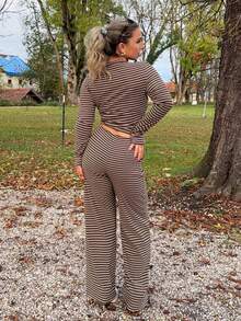 Jeta Ari Women's Casual Homewear Pajama Set, Includes Striped Crew Neck Long Sleeve Tee And Loose Striped Straight Leg Pants, Suitable For Daily Wear, Sports, Autumn/Winter, Back To School Clothes Brown Striped Two Piece Set - Brown - View 2