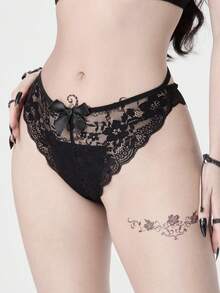 ROMWE Gothic Y2K Sexy Lace Hollow Cross Thong Panties For Women - Black - View 3