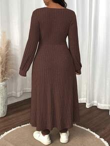 SHEIN LUNE Plus Size Women Solid Color Fuzzy Ribbed Minimalist Casual Autumn/Winter Top And Slim Fit Pants Set - Rust Brown - View 2