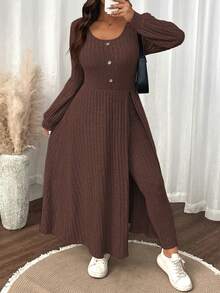SHEIN LUNE Plus Size Women Solid Color Fuzzy Ribbed Minimalist Casual Autumn/Winter Top And Slim Fit Pants Set - Rust Brown - View 5