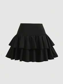 SHEIN Girlism 少女休闲、运动、校园、返校季、黑色层叠荷叶边裙短裤，蝴蝶结装饰，甜美又酷炫，黑粉色，春夏，清爽，基础款，日常百搭，运动时尚夏季，返校季，校服 - 黑色 - 查看 2