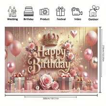 1pc Pink Floral Balloon Birthday Party Background With Crown Pearl Gift Box Design, Princess Birthday Party Background Cloth, Cake Table Decor, Photography Backdrop, Polyester Banner - Apricot - View 13