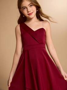 Elegantes Blumen Mädchen-Kleid für Abschluss, Hochzeit, Ball, geeignet für Halloween, Weihnachten, burgunderrotes Satinkleid mit einem Schulterträger, Schleife, rückenfreiem Rücken und Midi-Länge für Tween Mädchen, asymmetrischer Saum, aufgeblähter Prinzessinnen-Stil für den Schulanfang - Bordeaux - Übersicht 7