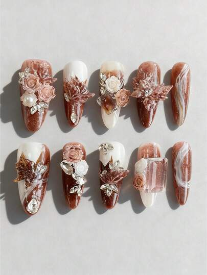 Anime 10 pezzi Unghie finte di alta qualità con elementi floreali 3D stile giapponese dipinti a mano + 3 fogli di adesivi biadesivi, Adesivi per unghie riutilizzabili con strass a farfalla dipinti a mano, adatti per festival, feste, balli e uso quotidiano