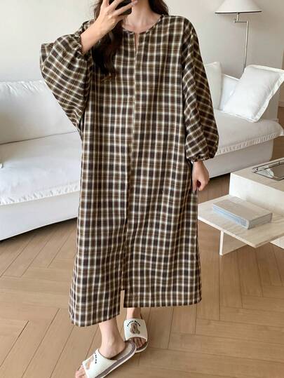 DAZY Plaid Lantern Sleeve Loose Open Slit Design Women Casual Lounge Dress, Winter, Moo Moo Night Dress