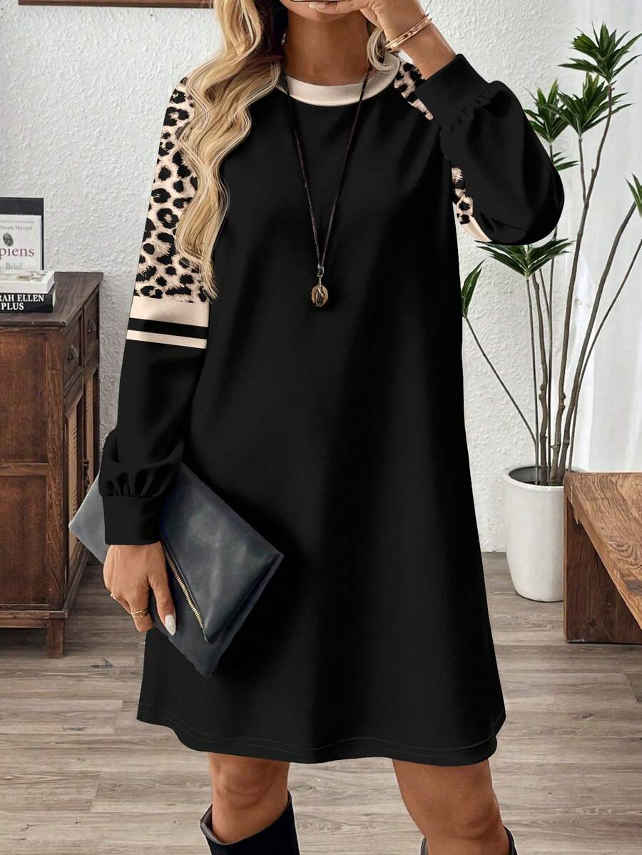 EMERY ROSE 女士复古豹纹条纹印花时尚圆领长袖休闲短裙，优雅经典，适合秋冬季节，约会、聚会、通勤皆宜。 - 白色 - 查看 1