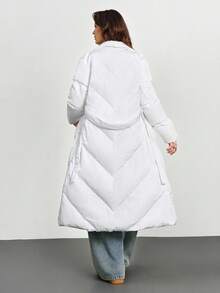 SHEIN Tall 女款白色冬季休閒場合長袖前拉鍊立領保暖內裡羽絨外套，純色拉鍊長版加厚棉襖，適合高個女性 - 米色 - 查看 2