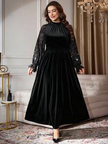 Modelyn Elegant Velvet Contrast Lace Beaded Long Sleeve A-Line Plus Size Dress, Regular Fit For Spring & Autumn