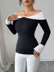 Elenzga 女士撞色露肩长袖修身衬衫，袖口开衩，适合秋季和新年穿着 - 黑與白 - 查看 4