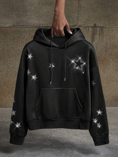 AXEPEAK Men's Hoodie With Clear Rhinestones And Loose Fit Plush Fabric