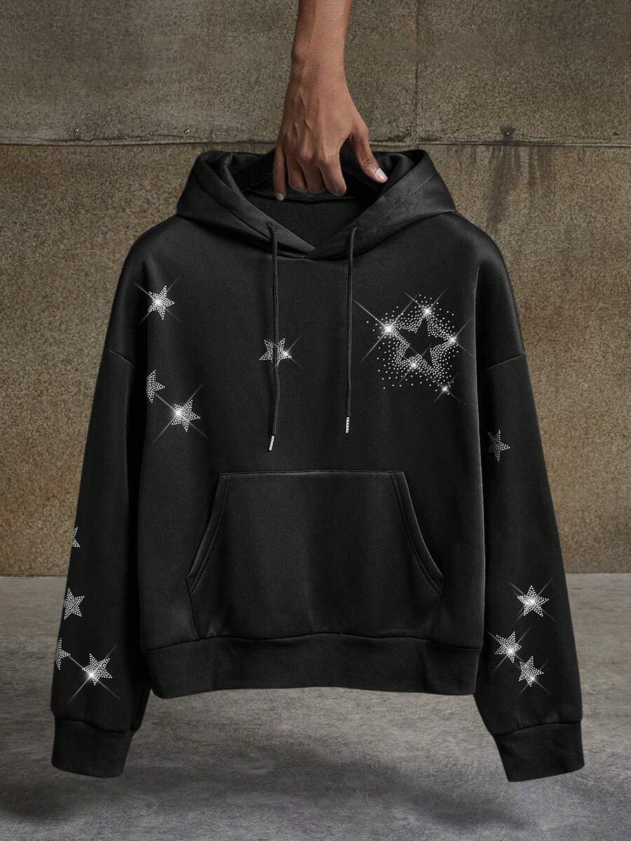 AXEPEAK Men's Hoodie With Clear Rhinestones And Loose Fit Plush Fabric - Black - View 1