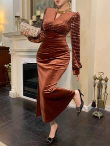 DAZY Elegant Patchwork Pleated Sequin Collar Midi Dress For Women, Autumn - Brown - View 1